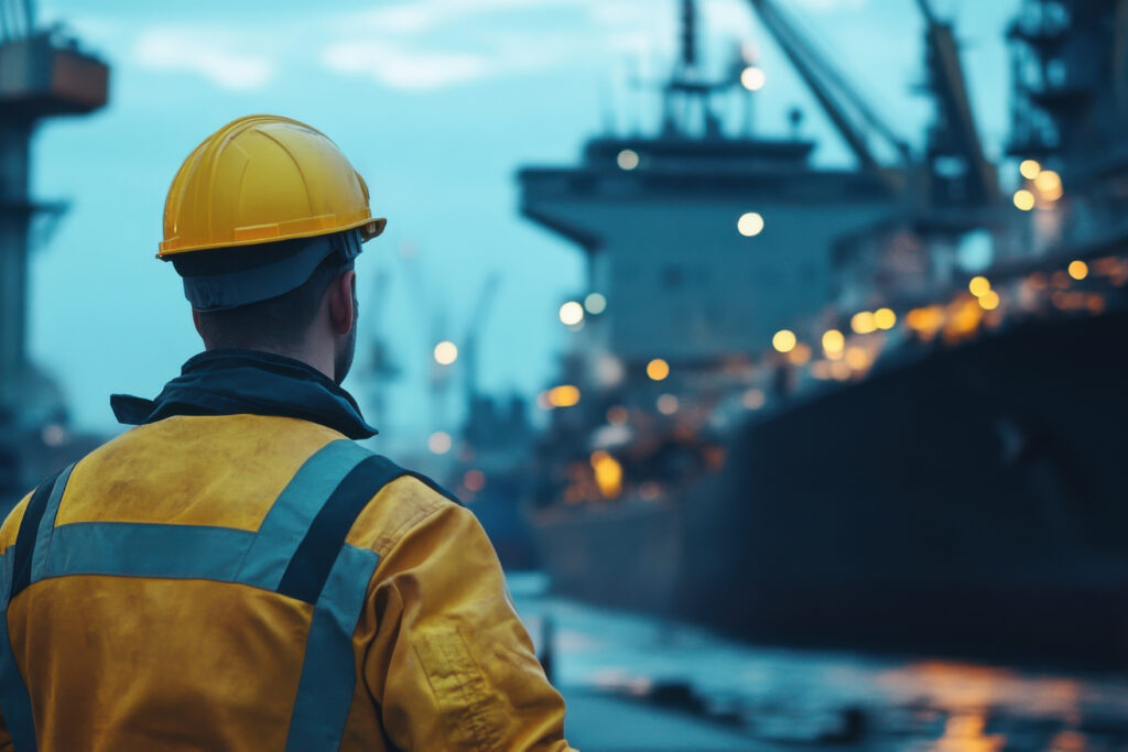 worker in yellow safety jacket and helmet observes busy port at dusk, showcasing advanced naval technology and operations.