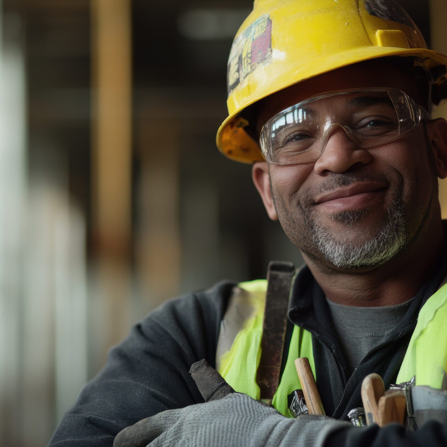 Construction worker in hard hat and safety goggles smiling at camera on job site. Professional tradesman showcasing skills and dedication in building industry.