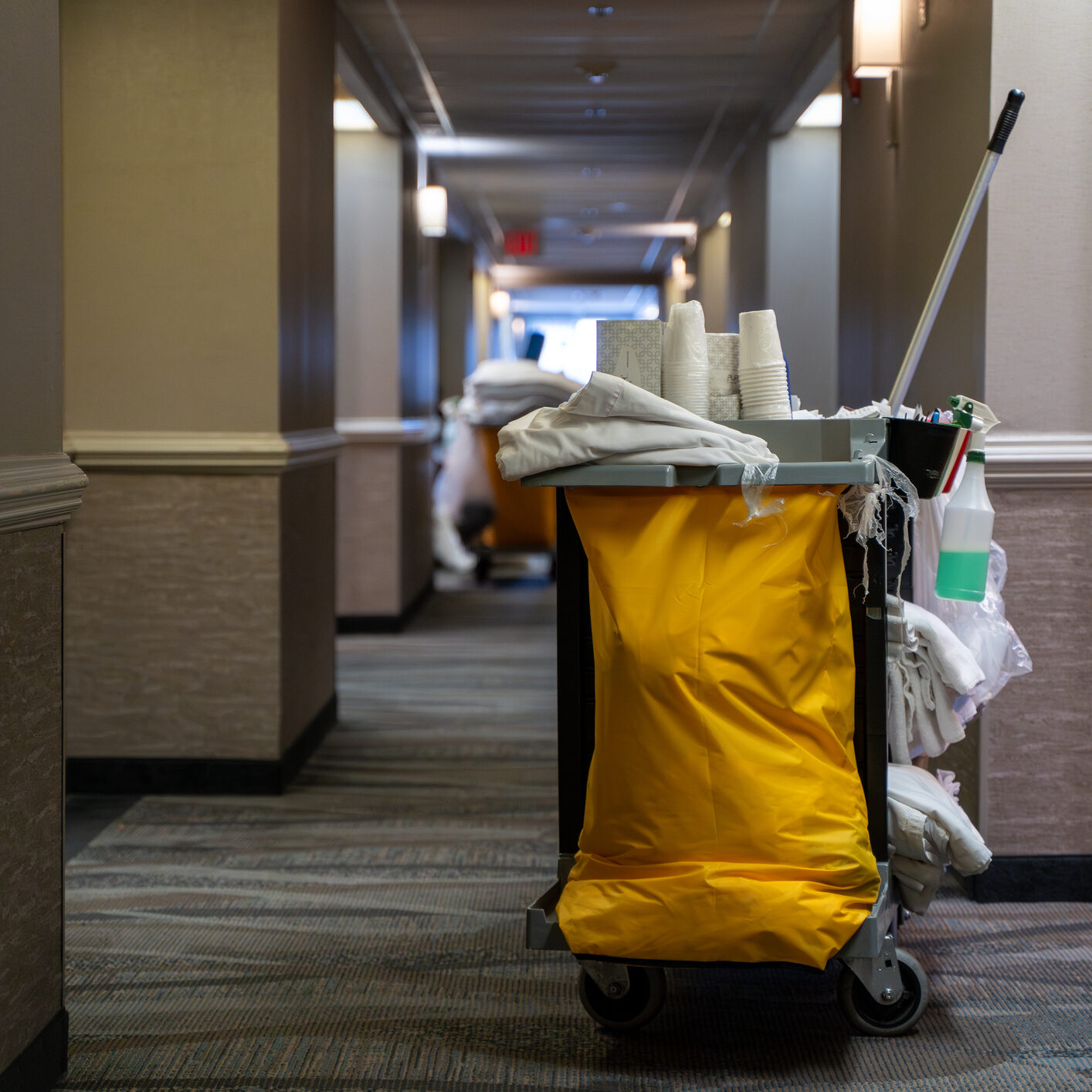 The cleaning cart in the hotel corridor.