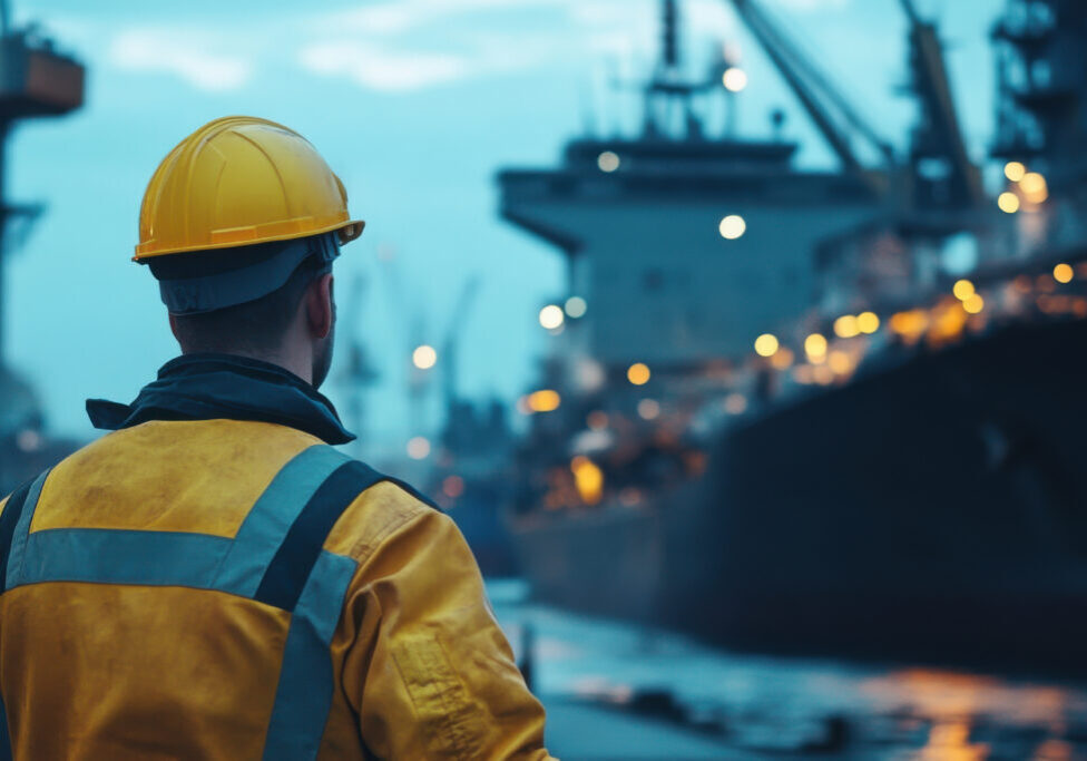 worker in yellow safety jacket and helmet observes busy port at dusk, showcasing advanced naval technology and operations.